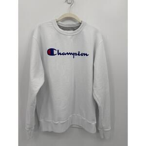 Champion White Crewneck Sweatshirt Classic Logo Pullover Fleece Size Medium